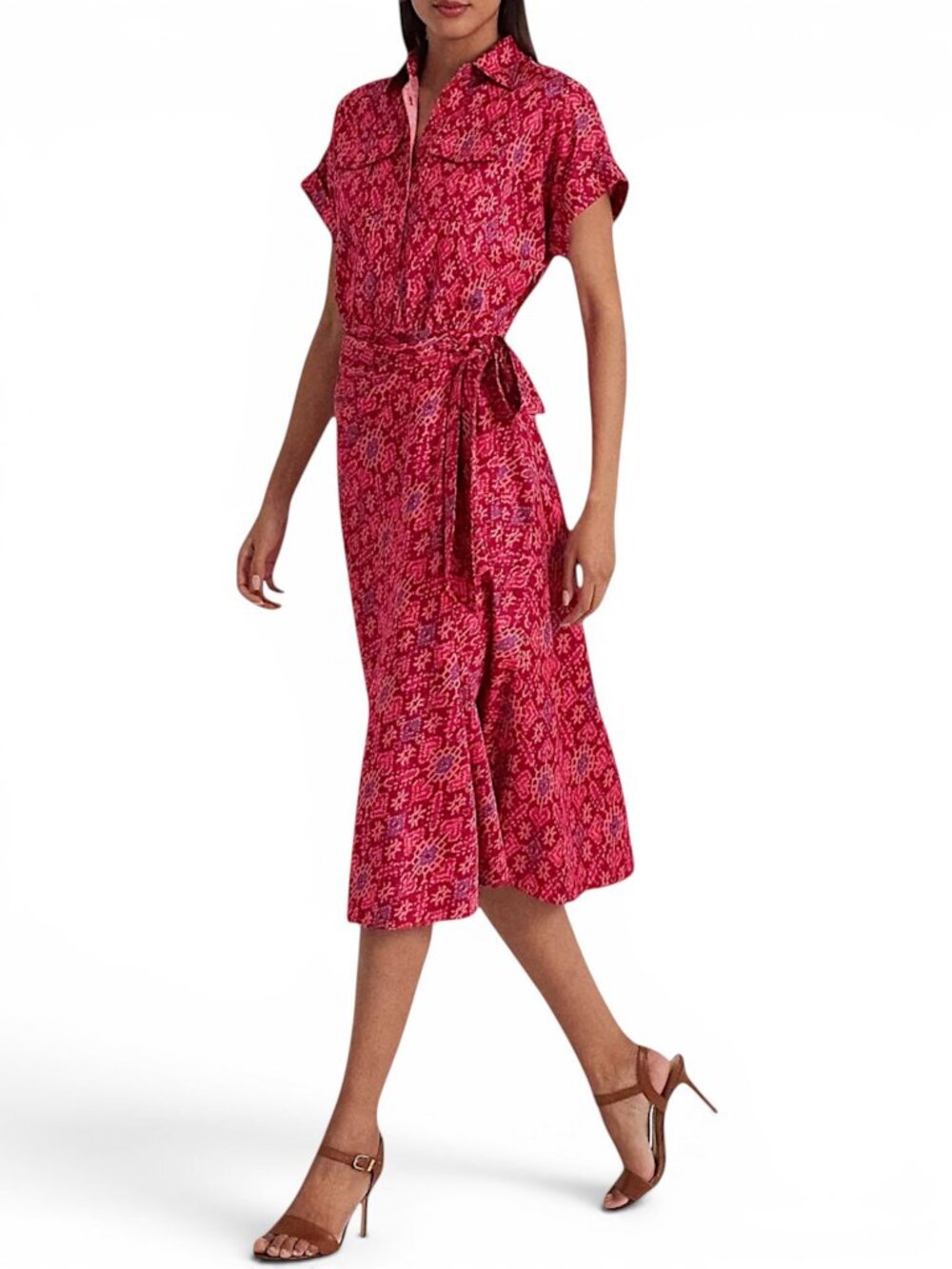Ralph Lauren Fuchsia Pink Geo Print Ikat Shantung Tie Waist Dress New NWT 16